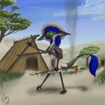 2017 anthro blue_body blue_fur blue_hair bottomwear campfire clothing cloud day female fur grass green_sclera hair hat headgear headwear hi_res holding_object holding_spear holding_weapon mammal melee_weapon out-of-placers outside pants plant polearm smile solo spear standing tersethra tree weapon webcomic yinglet 