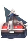 1girl blue_eyes blue_hair blue_skin colored_skin commission doll_joints elden_ring full_body hat highres honda_accord joints long_hair on_vehicle one_eye_closed patatatan ranni_the_witch sitting_on_car solo witch_hat 