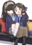  2girls @_@ age_difference bangs black_hair blanket blue_eyes bow couch hair_bow hairband half_updo highres idolmaster idolmaster_cinderella_girls long_hair mary_janes multiple_girls open_mouth pantyhose sagisawa_fumika shoes sitting sitting_on_lap sitting_on_person socks sweat tachibana_arisu taru_haru white_background 