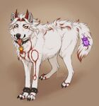  arataki_itto_(genshin_impact) canid canine canis claws collar ear_piercing fenn.perrox feral fur hi_res mammal markings open_mouth paws piercing quadruped red_markings simple_background solo spiked_collar spikes tongue tongue_out white_body white_fur wolf 