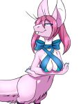  2021 anthro blue_eyes breasts clothing female fur furball_(artist) hair hi_res looking_up mammal navel out-of-placers peenkz pigtails pink_body pink_fur pink_hair simple_background smile solo webcomic yinglet 