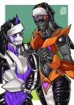  2018 absurd_res ambiguous/ambiguous ambiguous_gender black_body black_latex black_sclera bodily_fluids border bound clothing duo gradient_background hands_tied hasbro hi_res humanoid jooshy latex looking_at_another machine multicolored_body nun nun_habit orange_body purple_body purple_eyes purple_sclera robot robot_humanoid rubber rubber_clothing segmented segmented_body simple_background smile sweat takara_tomy transformers two_tone_body white_border yellow_eyes 