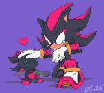  &lt;3 2022 ambiguous_gender anthro black_body black_nose bodily_fluids chao_(sonic) clothing duo eulipotyphlan footwear gloves gun handwear hedgehog holding_object holding_weapon kornart3 male mammal multicolored_body purple_background ranged_weapon red_body red_eyes sega shadow_the_hedgehog shoes signature simple_background sonic_the_hedgehog_(series) tears two_tone_body weapon wings 
