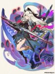  1girl aqua_dress armor armored_dress blue_eyes breasts dragalia_lost dress full_body gauntlets holding holding_sword holding_weapon long_hair looking_at_viewer medium_breasts official_art open_mouth sword weapon white_hair zethia 