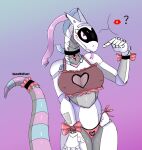  anthro blush breasts clothed clothing female hi_res multicolored_body nipple_outline partially_clothed pink_eyes simple_background smile solo spacewaifu suggestive synth_(vader-san) tongue tongue_out white_body 