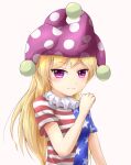  1girl absurdres american_flag_shirt bangs blonde_hair blush breasts closed_mouth clownpiece commentary_request eyebrows_visible_through_hair hand_up hat highres jester_cap long_hair looking_at_viewer medium_breasts midoriiro_(ryuisaw) neck_ruff pink_background polka_dot purple_eyes purple_headwear shirt short_sleeves simple_background smile solo star_(symbol) star_print striped striped_shirt touhou upper_body 