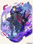  2boys armored_boots black_hair boots character_request claymore_(sword) coat dragalia_lost full_body fur-trimmed_coat fur-trimmed_sleeves fur_trim gala_nedrick green_eyes holding holding_sword holding_weapon long_sleeves looking_to_the_side multiple_boys official_art pointy_ears short_hair standing sword weapon 
