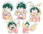  &gt;_&lt; 1boy all_might all_might_(cosplay) arm_up blush boku_no_hero_academia character_doll character_hood character_pillow child clenched_hand clenched_hands closed_eyes closed_mouth cosplay doll freckles green_eyes green_hair happy highres holding holding_doll long_sleeves male_focus midoriya_izuku multiple_views open_mouth rubbing_eyes short_hair simple_background smile split_mouth teeth tonomayo twitter_username upper_teeth white_background younger 