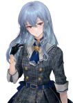  1girl ascot bangs belt black_gloves blue_ascot blue_belt blue_choker blue_hair blue_nails choker closed_mouth dress gloves grey_dress hair_between_eyes hololive hoshimachi_suisei kyrl long_hair long_sleeves looking_at_viewer nail_polish partially_fingerless_gloves plaid plaid_dress simple_background solo virtual_youtuber white_background 