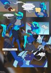  2022 after_transformation annoyed anthro aquatic_dragon barefoot black_nose blue_body blue_fur blue_hair bottomwear breasts clothing comic dialogue digital_media_(artwork) dragon duo english_text feet female fur german_text glowing glowing_eyes hair halcy0n hi_res hoodie male marine membrane_(anatomy) membranous_wings pants shirt spread_wings surprise text topwear walking wings 