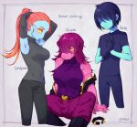  596o3 anthro armwear big_breasts blue_body blue_skin breasts bridal_gauntlets clothing covered_eyes deltarune female hair halterneck hi_res humanoid kris_(deltarune) long_hair male monster one_eye_obstructed pink_body pink_hair pink_scales red_hair scales scalie simple_background slim susie_(deltarune) undertale_(series) undyne video_games 