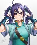  1girl blue_gloves blue_kimono breasts fingerless_gloves fir_(fire_emblem) fire_emblem fire_emblem:_the_binding_blade gloves highres japanese_clothes kimono looking_at_viewer purple_eyes purple_hair small_breasts smile twintails voyager_bihai 