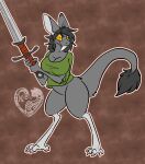 2022 anthro big_breasts bottomless breasts clothed clothing digital_media_(artwork) fangs featureless_crotch felisrandomis female fur grey_body grey_fur hair hi_res holding_object holding_sword holding_weapon mammal melee_weapon out-of-placers simple_background smile solo standing sword weapon webcomic yellow_sclera yinglet 