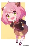  1girl :d anya_(spy_x_family) black_dress black_footwear blush cawang child dress eyebrows_visible_through_hair full_body hairpods hands_on_hips highres looking_at_viewer pink_hair shoes smile socks solo spy_x_family standing teeth twitter_username upper_teeth white_legwear 