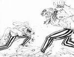  absurd_res action_pose angry anthro bare_chest beastars blood bodily_fluids bottomwear brown_bear canid canine canis claws clothing comic duo efradraws fangs fight fur grizzly_bear hi_res legoshi_(beastars) male male/male mammal manga marker_(artwork) monochrome pants pen_(artwork) pose riz_(beastars) scar traditional_media_(artwork) ursid ursine water wolf 