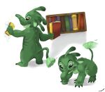  2018 3_toes 4_fingers alien all_fours antennae_(anatomy) black_eyes book bookshelf claws cleaning dipstick_antennae disney evil_grin experiment_(lilo_and_stitch) feet felix_(lilo_and_stitch) fingers fur furniture green_body green_claws green_fur hi_res holding_book holding_object lilo_and_stitch looking_at_viewer multicolored_antennae pavelbaron signature simple_background smile solo sparkles sponge standing tail_motion tailwag toe_claws toes trunk white_background 