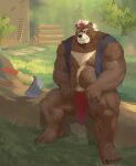  2021 absurd_res anthro axe belly black_nose bottomwear brown_body clothing detailed_background hi_res humanoid_hands kemono loincloth lumberjack male mammal melee_weapon musclegut outside overweight overweight_male qigiu sitting solo ursid weapon 