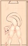  acta anthro anus blush butt cephalopod coleoid decapodiform female genitals hi_res looking_at_viewer looking_back marine mollusk open_mouth open_smile pink_body pussy shower smile solo spacewaifu tongue tongue_out water 