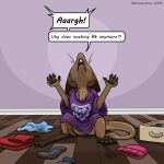  2019 after_transformation anthro barefoot brown_body brown_fur clothing dialogue digital_media_(artwork) english_text feet female frustrated fur hi_res mammal miltonholmes out-of-placers pawpads purple_clothing purple_shirt purple_topwear shirt solo text topwear undertale undertale_(series) video_games webcomic yinglet 