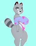  anthro big_breasts blue_background breasts clothing female grey_body hi_res looking_at_viewer mammal midriff navel panties procyonid raccoon shoulderless_shirt simple_background solo sweater thick_thighs topwear underwear usnarbit 