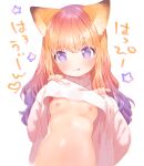  1girl :3 :q animal_ears breasts clothes_lift commentary_request fox_ears gradient_hair highres lifted_by_self long_hair looking_at_viewer multicolored_hair mutou_mato navel orange_hair original purple_eyes purple_hair small_breasts smile solo sweater sweater_lift tongue tongue_out turtleneck turtleneck_sweater upper_body white_background white_sweater 