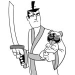  asian_clothing band-aid bandage bandage_on_face bandaged_head black_eyebrows black_eyes black_hair canid canine canis carrying carrying_another clothing domestic_dog duo east_asian_clothing eyebrows female feral frown hair happy holding_animal holding_another holding_object holding_weapon human japanese_clothing katana kimono looking_at_viewer low_res lulu_(samurai_jack) male mammal melee_weapon not_furry_focus ponytail samurai_jack samurai_jack_(character) simple_background sketch smile standing sword thick_eyebrows tongue tongue_out topknot unknown_artist weapon white_background wounded 