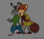  anthro canid canine devious devious_grin disney doomer_jesus duo european_rabbit female fox full-length_portrait hi_res judy_hopps lagomorph leporid looking_at_viewer looking_back looking_back_at_viewer male mammal nick_wilde oryctolagus portrait rabbit red_fox whispering zootopia 