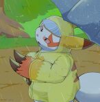  anthro belly claws clothing coat fur hi_res nintendo pink_eyes pok&eacute;mon pok&eacute;mon_(species) raincoat raining slightly_chubby solo tatu_wani_(artist) topwear translucent translucent_clothing umbrella video_games water white_body white_fur zangoose 