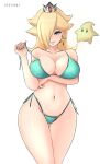  1girl absurdres arm_under_breasts artist_name bare_shoulders bikini blonde_hair blue_eyes breasts cleavage cowboy_shot crown earrings hair_over_one_eye highres jewelry large_breasts long_hair looking_at_viewer luma_(mario) mario_(series) navel rosalina star_(symbol) star_earrings swimsuit thighs uzzy2801 white_background 