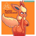  2022 anthro big_breasts big_butt blonde_hair blue_sclera breasts brown_nipples butt eeveelution english_text female flareon fluffy fluffy_tail fur hair hand_on_butt hi_res looking_back mintyspirit nintendo nipples open_mouth pok&eacute;mon pok&eacute;mon_(species) red_body red_fur simple_background smile solo text thick_thighs video_games watermark white_eyes wide_hips yellow_body yellow_fur 