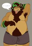  anthro armpit_hair belly big_belly body_hair bulge clothing clovishusky felid green_eyes hi_res lion male mammal mature_male overweight overweight_male pantherine solo tongue tongue_out underwear 