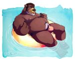  2017 anthro belly big_belly brown_body bulge clothing hi_res humanoid_hands male mammal moobs nipples overweight overweight_male solo st.boogie swimwear tongue tongue_out ursid water 
