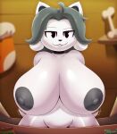  anthro areola big_breasts black_eyes breasts canid canine canis domestic_dog edit felid feline female grey_body grey_nipples hi_res huge_breasts looking_at_viewer mammal miso_souperstar navel nipples nude smile solo tail_motion tailwag tem temmie_(undertale) undertale undertale_(series) video_games white_body 