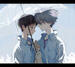  2boys blue_eyes blush grey_hair highres ikari_shinji multiple_boys nagisa_kaworu neon_genesis_evangelion rain red_eyes sasa_1i school_uniform short_hair tokyo-3_middle_school_uniform umbrella yaoi 