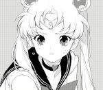  1girl bishoujo_senshi_sailor_moon choker circlet crescent crescent_earrings earrings hair_over_shoulder heart heart_choker jewelry long_hair looking_at_viewer meme monochrome murata_tefu sailor_collar sailor_moon sailor_moon_redraw_challenge_(meme) sailor_senshi_uniform simple_background solo twintails upper_body 