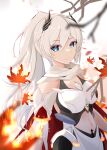  1girl absurdres ahoge armor bangs bare_shoulders blue_eyes branch closed_mouth gauntlets hair_ornament highres honkai_(series) honkai_impact_3rd kiana_kaslana kiana_kaslana_(herrscher_of_flamescion) leaf lilachology_(dnrn8537) long_hair looking_at_viewer maple_leaf navel ponytail scarf solo white_background white_hair white_scarf 