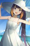  1girl absurdres adjusting_clothes adjusting_headwear bare_shoulders blush dress fang hat highres hololive hololive_english long_hair looking_at_viewer ninomae_ina&#039;nis ocean open_mouth pointy_ears purple_eyes purple_hair rakku_(rkrmz0n) side_ponytail smile solo sun_hat tentacle_hair virtual_youtuber white_dress white_headwear 