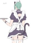  1boy absurdres alternate_costume animal_ears apron clothing_cutout commentary_request dress enmaided from_behind garter_straps highres holding holding_plate maid maid_headdress male_focus plate pokemon pokemon_(game) pokemon_oras short_sleeves shoulder_cutout simple_background solo tail thighhighs translation_request tudurimike wallace_(pokemon) white_apron white_background wrist_cuffs 