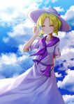  1girl ^_^ absurdres blonde_hair blouse blue_sky bow closed_eyes closed_mouth cloud cloudy_sky commentary_request day happy hat hat_bow highres louise_(touhou) low_twintails neckerchief nettian51 outdoors purple_bow purple_neckerchief purple_sailor_collar purple_sash sailor_collar sash shirt short_sleeves skirt skirt_set sky smile sun_hat touhou touhou_(pc-98) twintails upper_body white_headwear white_shirt white_skirt 