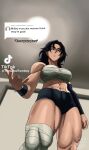  1girl abs absurdres bandages black_hair brown_eyes highres long_hair looking_down muscular muscular_female sarashi speech_bubble sweatband thick_thighs thighs tiktok tomboy vertacularrld 