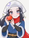  1girl akari_(pokemon) black_hair black_sash black_shirt blue_jacket blush closed_mouth commentary_request eyelashes grey_eyes hands_up head_scarf holding holding_poke_ball jacket long_hair mitsuki_(hzwn8777) poke_ball poke_ball_(legends) pokemon pokemon_(game) pokemon_legends:_arceus ponytail red_scarf sash scarf shirt sidelocks simple_background smile solo sparkle upper_body white_background white_headwear 