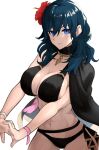  1girl abs absurdres alternate_costume bangs bare_shoulders bikini black_coat blue_eyes blue_hair breasts byleth_(fire_emblem) byleth_(fire_emblem)_(female) byleth_(summer)_(fire_emblem)_(female) cleavage coat collarbone fire_emblem fire_emblem:_three_houses flower hair_flower hair_ornament highres large_breasts looking_at_viewer medium_hair midriff navel official_alternate_costume red_flower simple_background solo swimsuit zuzu_(ywpd8853) 