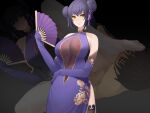  1girl areola_slip black_background bo_wei china_dress chinese_clothes double_bun dress elbow_gloves gloves hand_fan multiple_views original purple_gloves purple_hair purple_theme see-through yellow_eyes 