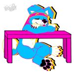  accessory anthro bandai_namco blep blue_body blue_fur canid canine cartoon_network_palette_challenge claws digimon digimon_(species) fur furniture gaokun gaomon headband hi_res male mammal pawpads sitting solo table tongue tongue_out 