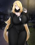  1girl alternate_breast_size black_dress black_eyes blonde_hair breasts cleavage cynthia_(pokemon) dress fur_trim hair_ornament hair_over_one_eye highres large_breasts long_hair looking_at_viewer outdoors owner1657 poke_ball pokemon pokemon_(game) pokemon_dppt smile solo very_long_hair 