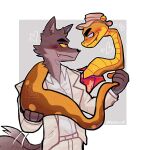  aloha_shirt anthro blush canid canine canis clothing dreamworks duo embrace entwined feral fur hat headgear headwear hi_res hug male mammal mr._snake_(the_bad_guys) mr._wolf_(the_bad_guys) pattern_clothing pattern_shirt pattern_topwear reptile scales scalie shirt snake suit the_bad_guys topwear unknown_artist wolf 