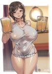  1girl :d alcohol bare_shoulders beer beer_mug black_hair breasts brown_eyes cup earrings highres jewelry large_breasts mature_female mole mole_under_eye mole_under_mouth mug original smile solo tamada_heijun teeth 