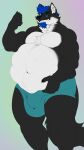  anthro belly big_belly black_body black_fur blue_hair bulge canid canine canis clothing clovishusky ear_piercing ear_ring fur green_eyes hair hand_on_stomach hi_res male mammal mature_male muscular muscular_male piercing same_size_vore smile underwear vore white_body white_fur wolf 