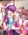  2boys :3 ahoge ancesra animal_ear_fluff animal_ears animal_nose apron apron_lift artist_name bangs bare_shoulders bell belt blue_apron blue_eyes blue_ribbon blurry blurry_background blush body_fur buttons cake cake_slice collar collared_shirt commentary commission cowboy_shot cum dog_ears dog_tail ears_down ejaculation english_commentary erection eye_contact fang food frilled_apron frills from_side furry furry_male grey_hair half-closed_eye half-closed_eyes handjob happy heart highres indoors jingle_bell kitchen leg_up looking_at_another maid_headdress male_focus male_masturbation masturbation multiple_boys naked_apron neck_bell neck_ribbon one_eye_closed open_clothes open_fly open_mouth open_shorts orgasm original patreon_username penis pink_shorts pink_vest profile purple_fur ribbon shiny shiny_hair shirt short_hair short_shorts short_sleeves shorts sidelocks smile snout spread_legs standing stove tail testicles tongue tongue_out two-tone_fur unbuttoned vest watermark white_fur white_shirt yaoi yellow_fur 