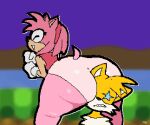  amy_rose anthro big_butt blonde_hair butt canid canine chest_tuft clothing dancing duo eulipotyphlan eyes_closed face_on_butt female fox gloves hair handwear hedgehog male male/female mammal miles_prower panties pink_body pink_hair sega shirt sonic_the_hedgehog_(series) star_eyes thick_thighs toedi topwear tuft underwear wide_hips yellow_body 